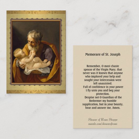 ベビーのイエス・キリストMemorareの祈りの言葉を握っているセントジョーゼフ 名刺 (正面/裏面)