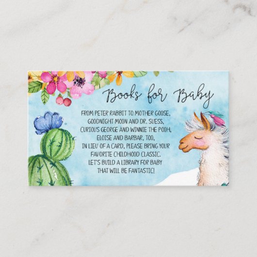 ベビーのエンクロージャ車のための青いラマおよびサボテンの本 エンクロージャーカード (正面)