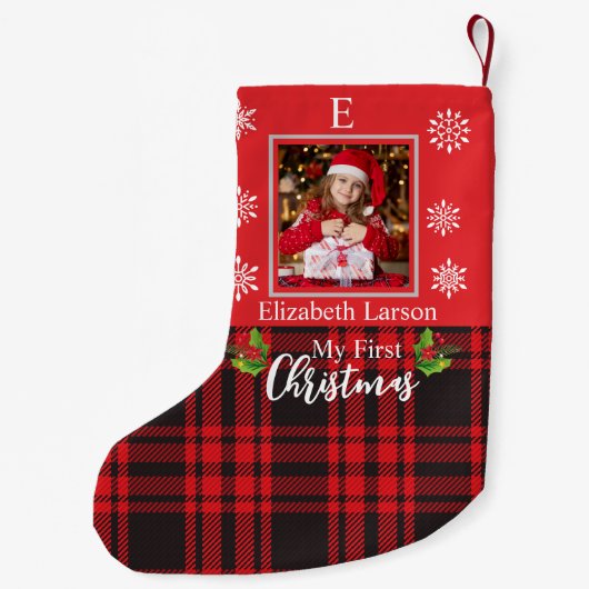 ベビーのカスタム写真ファーストクリスマスモノグラム写真 スモールクリスマスストッキング (裏面)