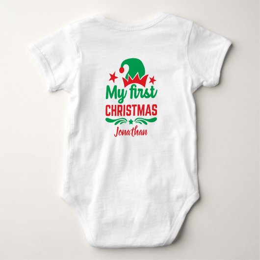 ベビーのカスタム初めてのクリスマスレッドグリーンハットスター ベビーボディスーツ (裏面)