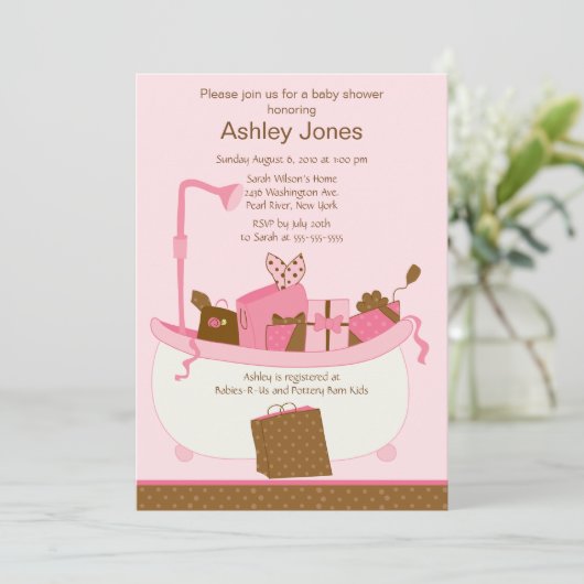 ベビーのギフトのたらいの女の子のベビーシャワーの招待状 招待状 (スタンド正面)