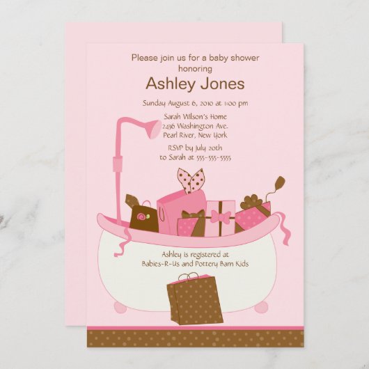 ベビーのギフトのたらいの女の子のベビーシャワーの招待状 招待状 (正面/裏面)