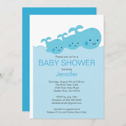 ベビーのクジラの対のベビーシャワー招待状 招待状 (正面/裏面)
