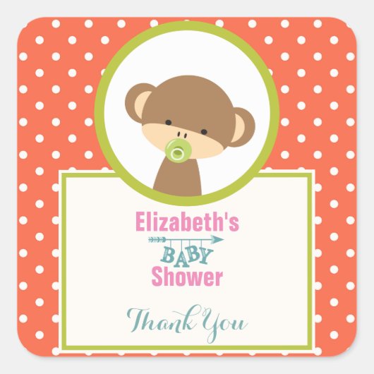 ベビーのサルおしゃぶり水玉模様シャワー スクエアシール (正面)