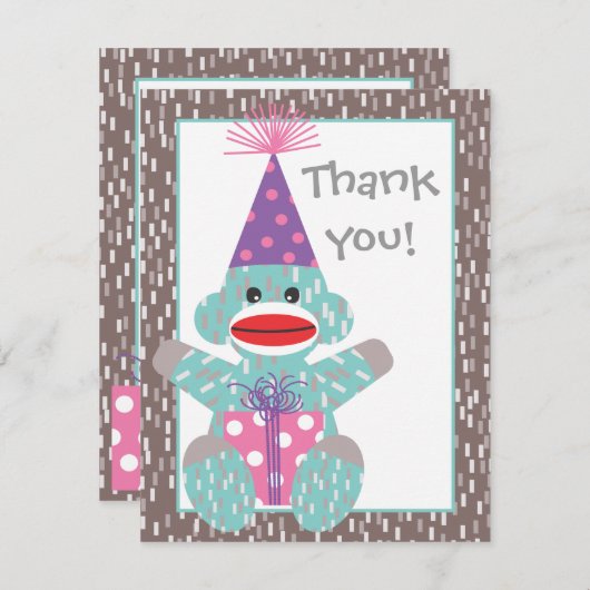 ベビーのソックス猿の誕生日はメッセージカード感謝していしています サンキューカード (正面/裏面)