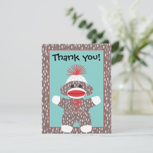 ベビーのソックス猿はメッセージカードの発表感謝していしています サンキューカード (スタンド正面)