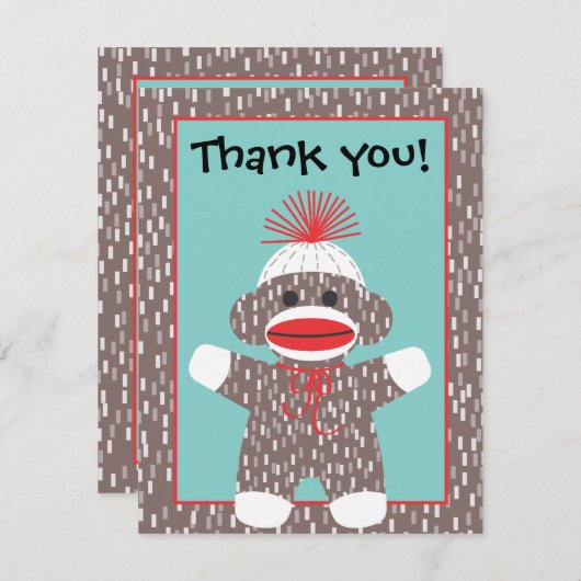 ベビーのソックス猿はメッセージカードの発表感謝していしています サンキューカード (正面/裏面)