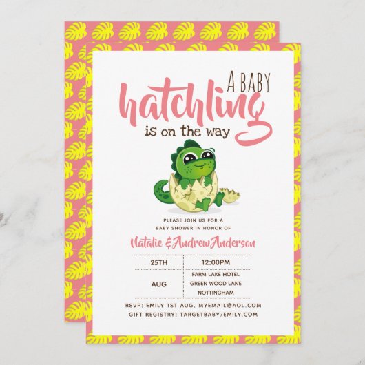 ベビーのハッチリングが道中かわいいピンク 招待状 (正面/裏面)