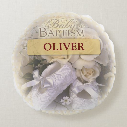 ベビーのバプテスマ中立、カスタム、パーソナライズ、アメリ ラウンドクッション (正面)