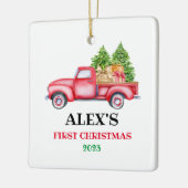 ベビーのパーソナライズされた初めてのクリスマスレッドトラッククリスマス セラミックオーナメント (左)