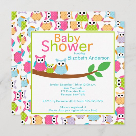 ベビーのフクロウのベビーシャワーを持つお母さん及びパパのフクロウ 招待状 (正面/裏面)