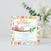 ベビーのフクロウのベビーシャワーを持つお母さん及びパパのフクロウ 招待状 (スタンド正面)