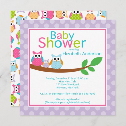 ベビーのフクロウの女の子のベビーシャワーを持つお母さん及びパパのフクロウ 招待状 (正面/裏面)