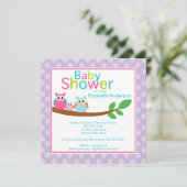 ベビーのフクロウの女の子のベビーシャワーを持つお母さん及びパパのフクロウ 招待状 (スタンド正面)