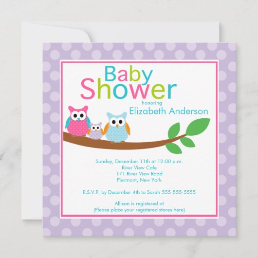 ベビーのフクロウの女の子のベビーシャワーを持つお母さん及びパパのフクロウ 招待状 (正面)