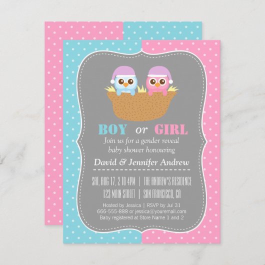 ベビーのフクロウの性はパーティーの水玉模様を明らかにします 招待状 (正面/裏面)