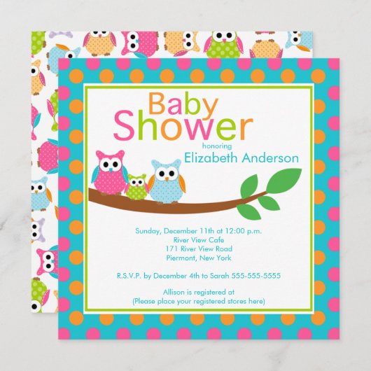 ベビーのフクロウの男の子のベビーシャワーを持つお母さん及びパパのフクロウ 招待状 (正面/裏面)