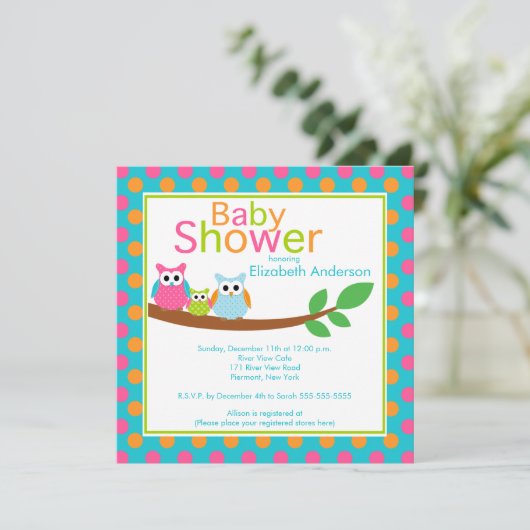 ベビーのフクロウの男の子のベビーシャワーを持つお母さん及びパパのフクロウ 招待状 (スタンド正面)