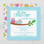 ベビーのフクロウの男の子のベビーシャワーを持つお母さん及びパパのフクロウ 招待状 (正面/裏面)