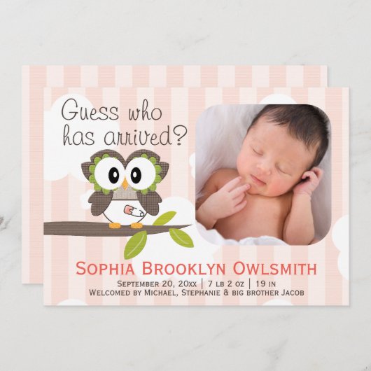 ベビーのフクロウの発表の女の子 案内状 (正面/裏面)