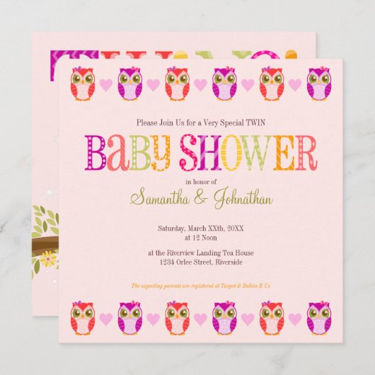 ベビーのフクロウ-対の女の子のシャワーの招待状 招待状 (正面/裏面)