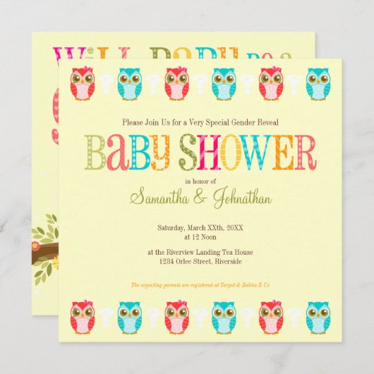 ベビーのフクロウ-性はベビーシャワーの招待状を明らかにします 招待状 (正面/裏面)