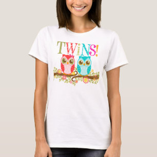 ベビーのフクロウ-男の子および女の子の双生児-マタニティシャツ Tシャツ