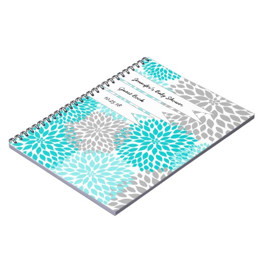 ベビーのブライダルシャワーの来客名簿のターコイズの灰色 ノートブック (左側)