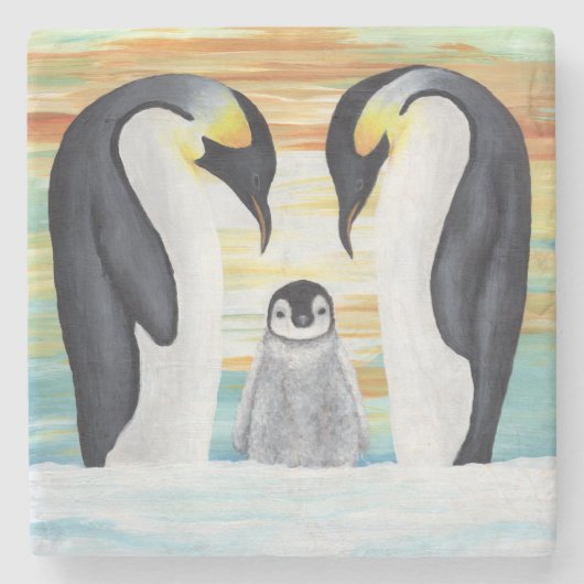 ベビーのペンギンが付いているペンギン家族 ストーンコースター (正面)