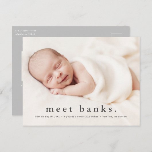 ベビーのモダン写真名の誕生発表 ポストカード (正面/裏面)