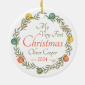 ベビーのモダン初めてのクリスマスフォトホリデー セラミックオーナメント (裏面)