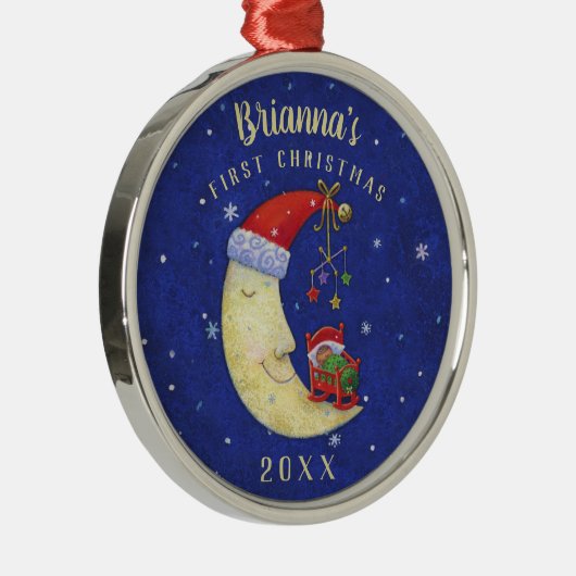 ベビーのモノグラムの名前の初めてのクリスマスのサンタの月 メタルオーナメント (右)