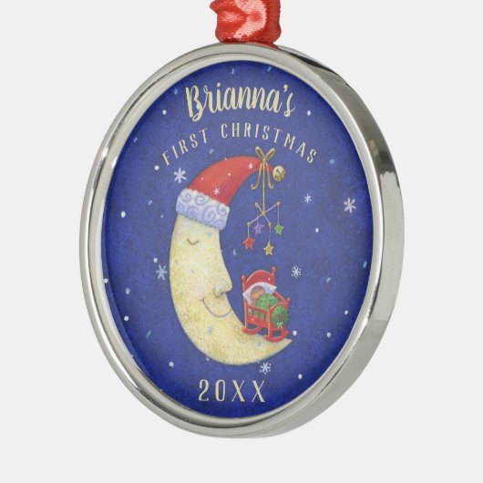 ベビーのモノグラムの名前の初めてのクリスマスのサンタの月 メタルオーナメント (左)