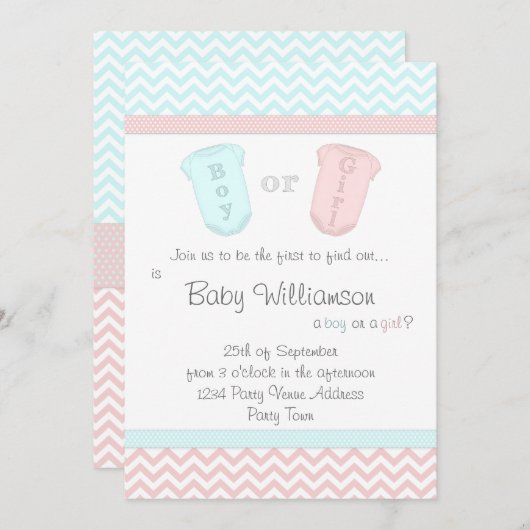 ベビーのロンパースのスーツの性はパーティの招待状を明らかにします 招待状 (正面/裏面)