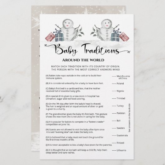 ベビーの伝統雪だるまベビーシャワーゲーム (正面/裏面)