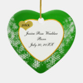 ベビーの写真の名前の誕生日の雪片のクリスマス セラミックオーナメント (裏面)