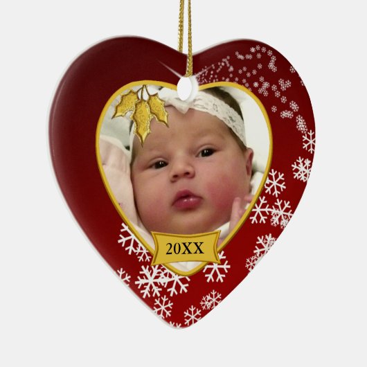 ベビーの写真の記念品の赤い雪片のクリスマス セラミックオーナメント (右)