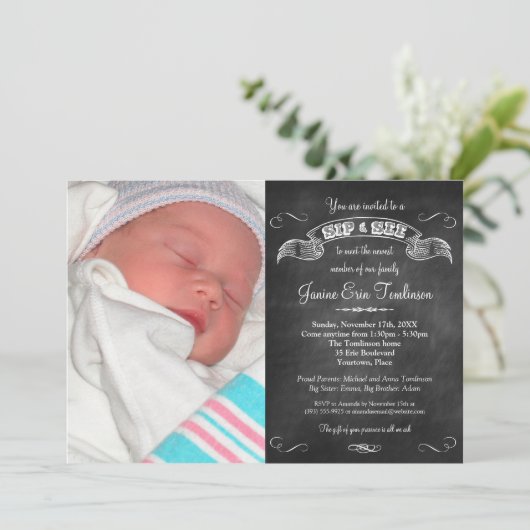 ベビーの写真の黒板の一口はパーティーに会い、 招待状 (スタンド正面)