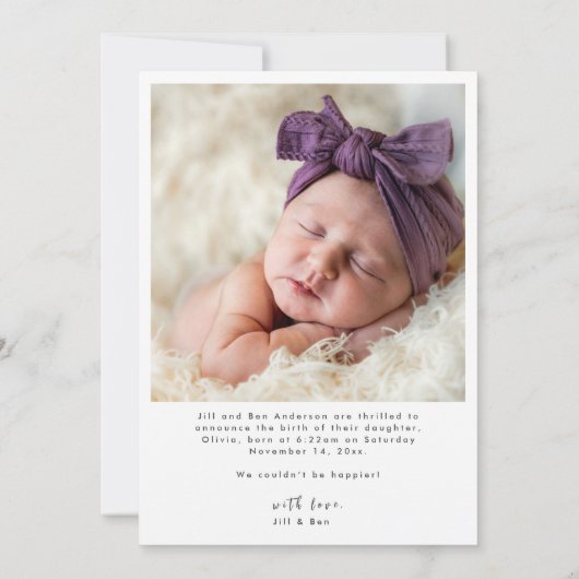 ベビーの写真エレガント名スクリプトの誕生発表 案内状 (裏面)