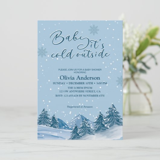ベビーの冬の外の冷たいスノーフレークの赤ちゃんシャワー 招待状 (スタンド正面)
