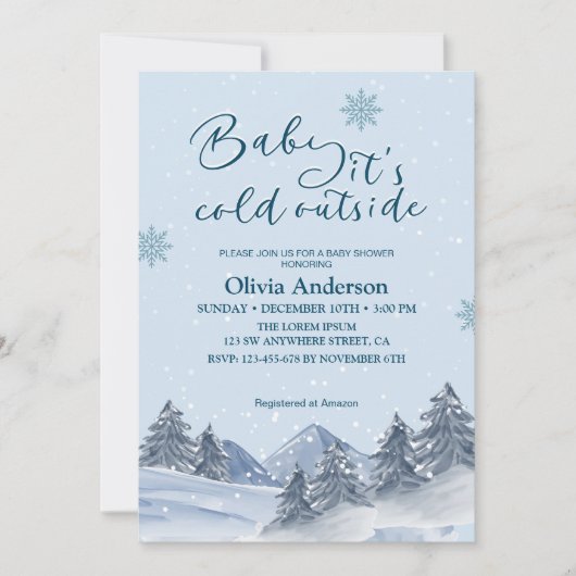 ベビーの冬の外の冷たいスノーフレークの赤ちゃんシャワー 招待状 (正面)