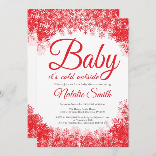 ベビーの冬の雪片ベビーシャワーの外での寒さ 招待状 (正面/裏面)