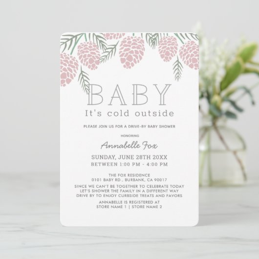 ベビーの冷たいピンクの松コーン駆動バイベビーシャワー 招待状 (スタンド正面)