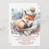 ベビーの冷たい外のかわいいキツネ雪の森 招待状 (正面/裏面)
