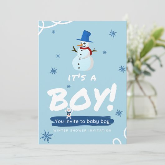 ベビーの冷たい外の白い青い男の子のモダンシャワー 招待状 (スタンド正面)