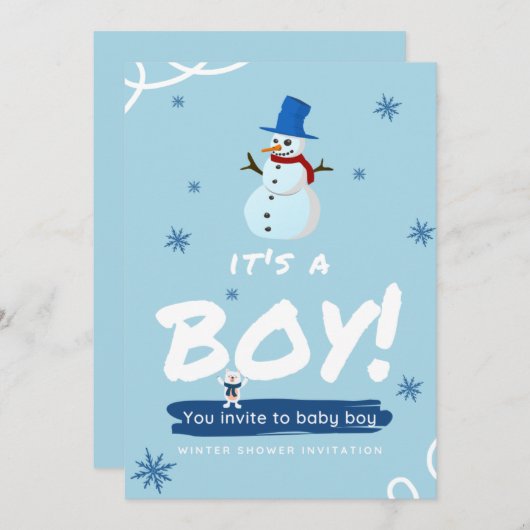 ベビーの冷たい外の白い青い男の子のモダンシャワー 招待状 (正面/裏面)