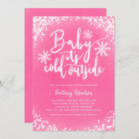 ベビーの冷たい外ピンクの冬の赤ちゃんシャワー 招待状 (正面/裏面)