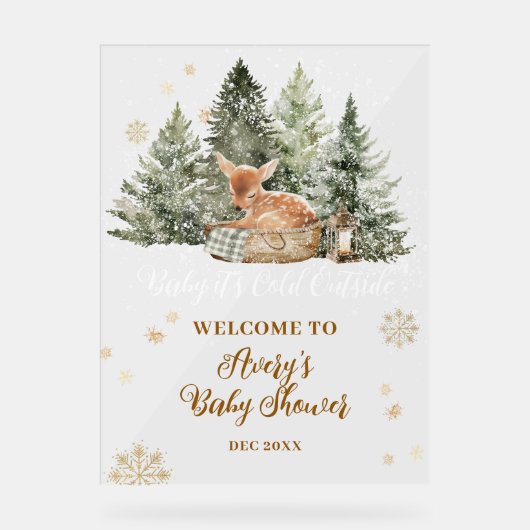 ベビーの冷たい外素朴鹿の冬の赤ちゃんシャワー アクリルサイン (正面)