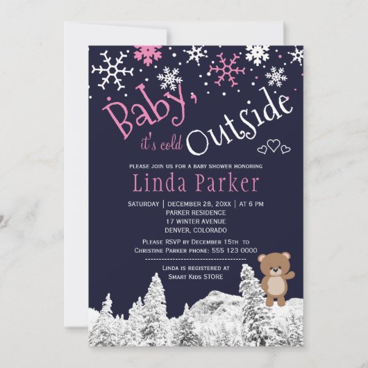 ベビーの冷たい森の外の冬の女の子シャワー 招待状 (正面)