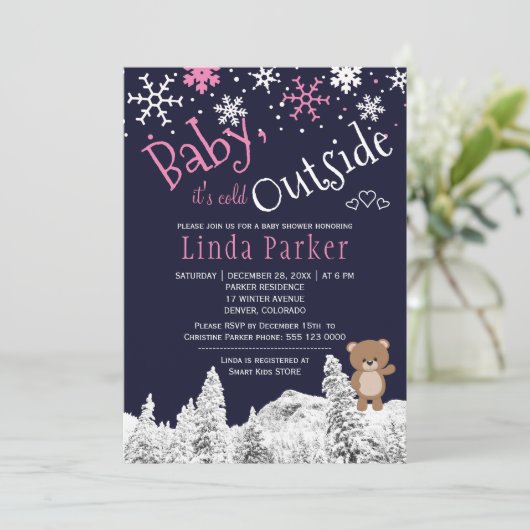 ベビーの冷たい森の外の冬の女の子シャワー 招待状 (スタンド正面)
